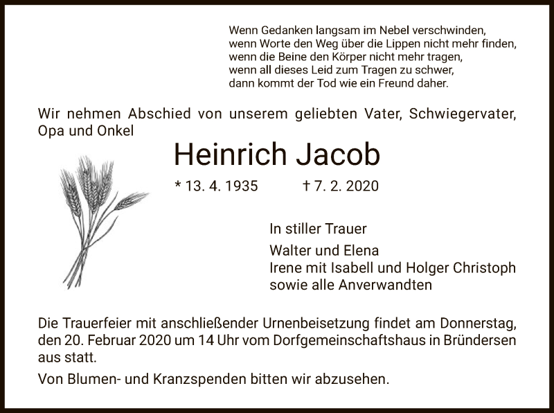 Traueranzeigen Von Heinrich Jacob Trauer Hna De