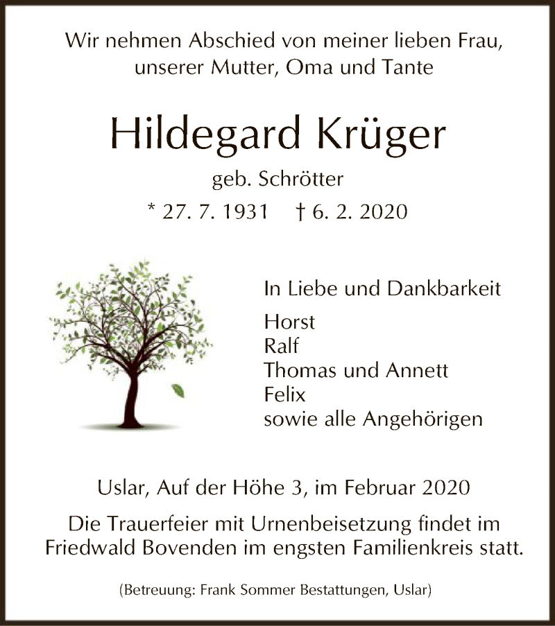 Traueranzeigen Von Hildegard Kr Ger Trauer Hna De