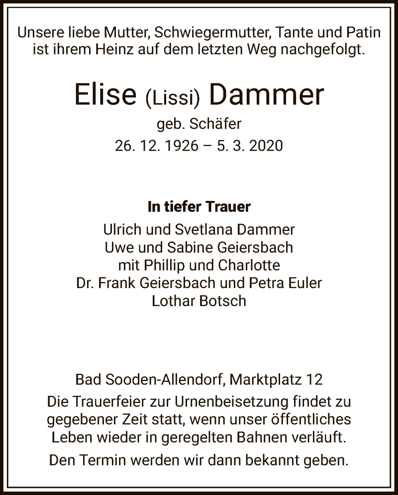 Traueranzeigen Von Elise Dammer Trauer Hna De