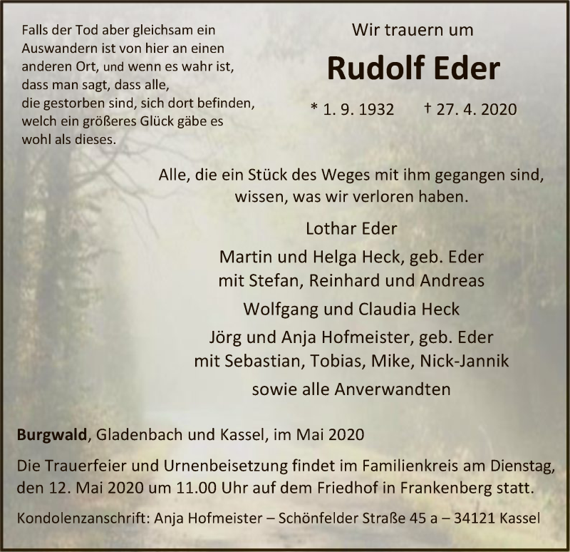 Traueranzeigen Von Rudolf Eder Trauer Hna De