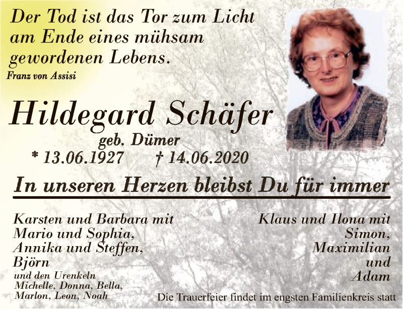 Traueranzeigen von Hildegard Schäfer Trauer HNA de