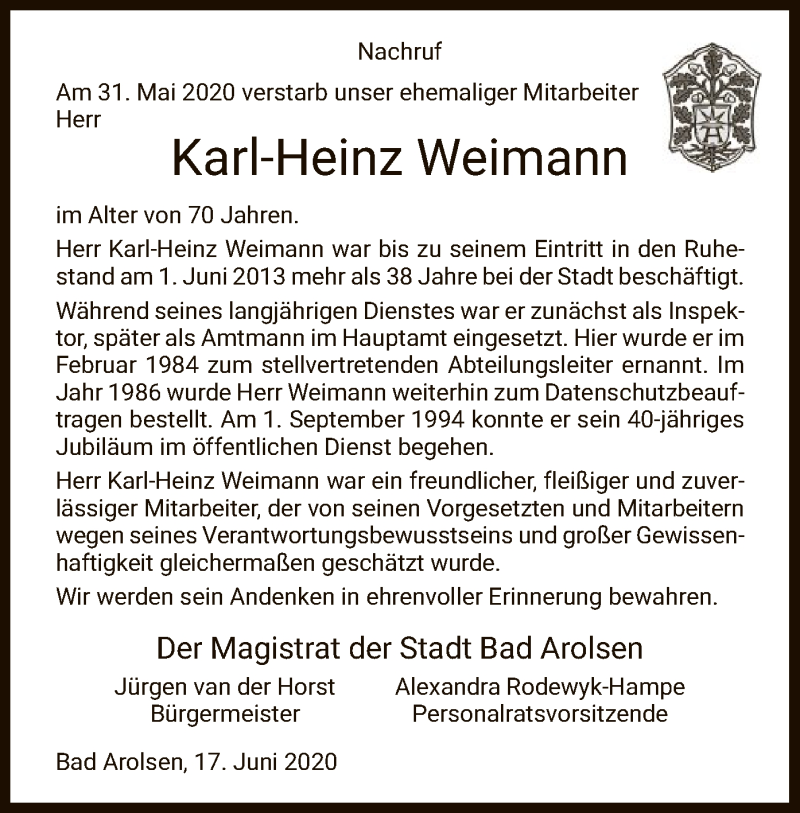 Traueranzeigen Von Karl Heinz Weimann Trauer HNA De