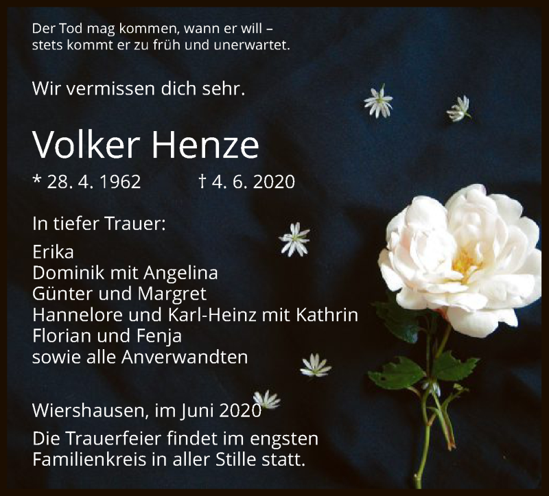 Traueranzeigen Von Volker Henze Trauer Hna De