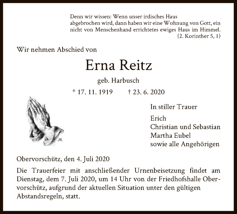 Traueranzeigen Von Erna Reitz Trauer HNA De