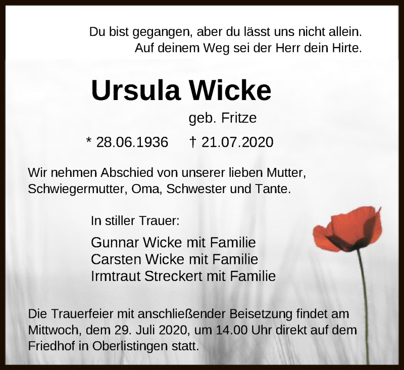 Traueranzeigen Von Ursula Wicke Trauer HNA De