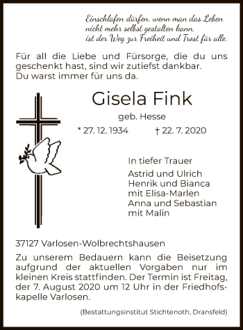 Traueranzeigen Von Gisela Fink Trauer Hna De