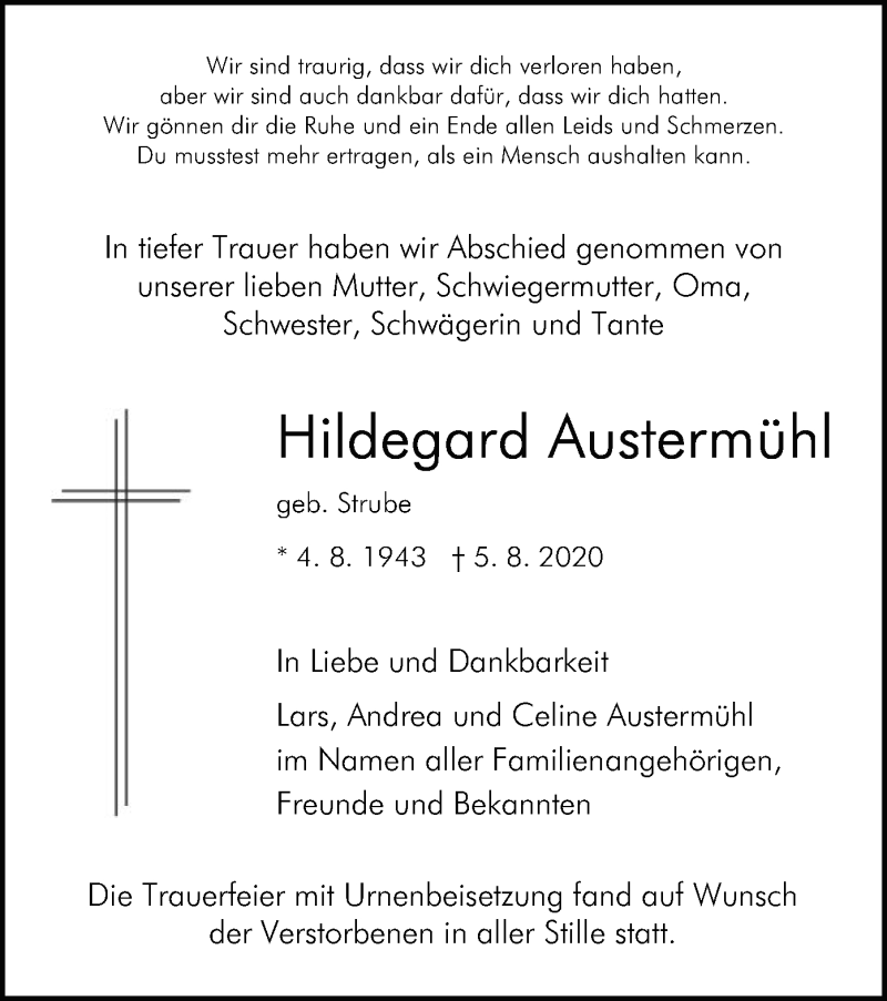 Traueranzeigen Von Hildegard Austerm Hl Trauer Hna De