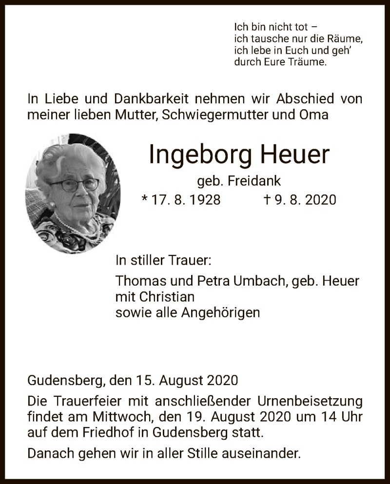 Traueranzeigen Von Ingeborg Heuer Trauer HNA De