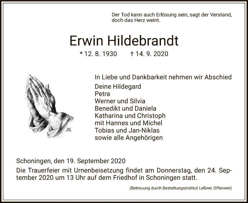 Traueranzeigen Von Erwin Hildebrandt Trauer Hna De