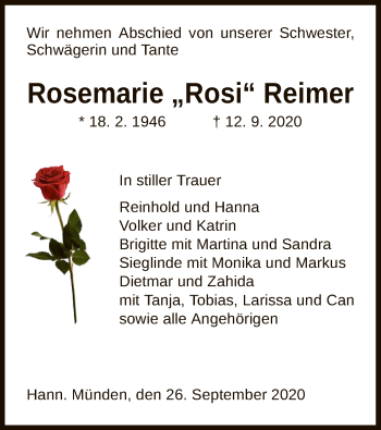 Traueranzeigen Von Rosemarie Reimer Trauer HNA De