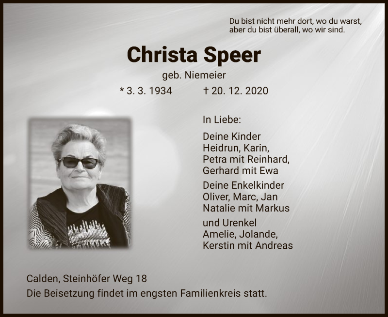 Traueranzeigen Von Christa Speer Trauer HNA De