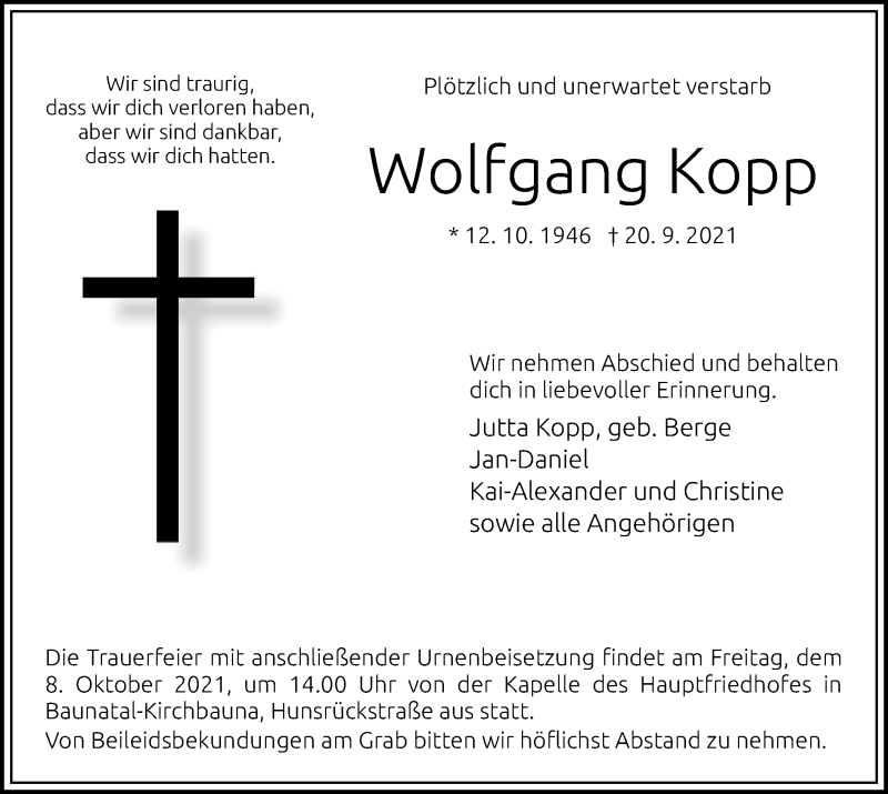 Traueranzeigen Von Wolfgang Kopp Trauer HNA De