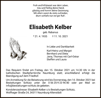 Traueranzeigen Von Elisabeth Kelber Trauer HNA De