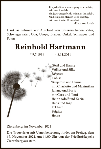 Traueranzeigen Von Reinhold Hartmann Trauer HNA De