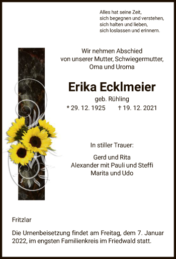 Traueranzeigen Von Erika Ecklmeier Trauer HNA De