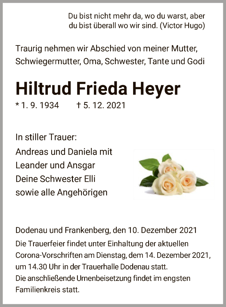 Traueranzeigen Von Hiltrud Frieda Heyer Trauer HNA De