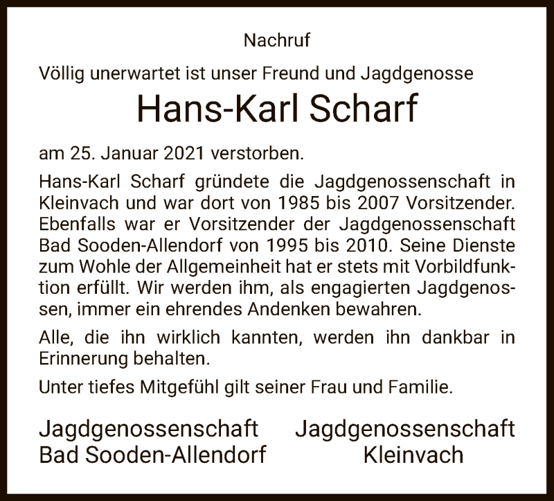 Traueranzeigen Von Hans Karl Scharf Trauer Hna De