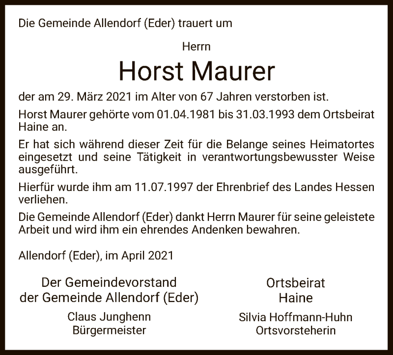 Traueranzeigen Von Horst Maurer Trauer Hna De