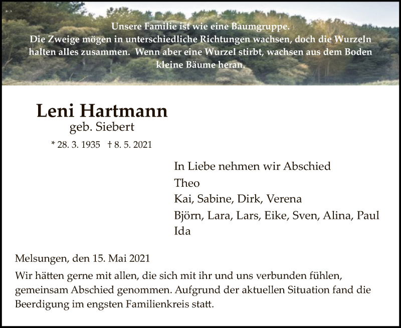 Traueranzeigen Von Leni Hartmann Trauer Hna De