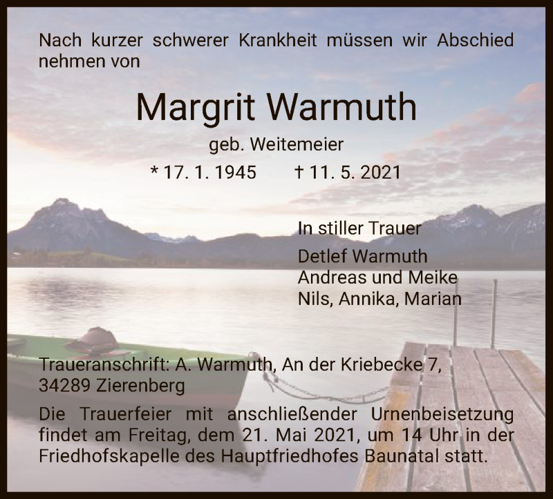 Traueranzeigen Von Margrit Warmuth Trauer HNA De