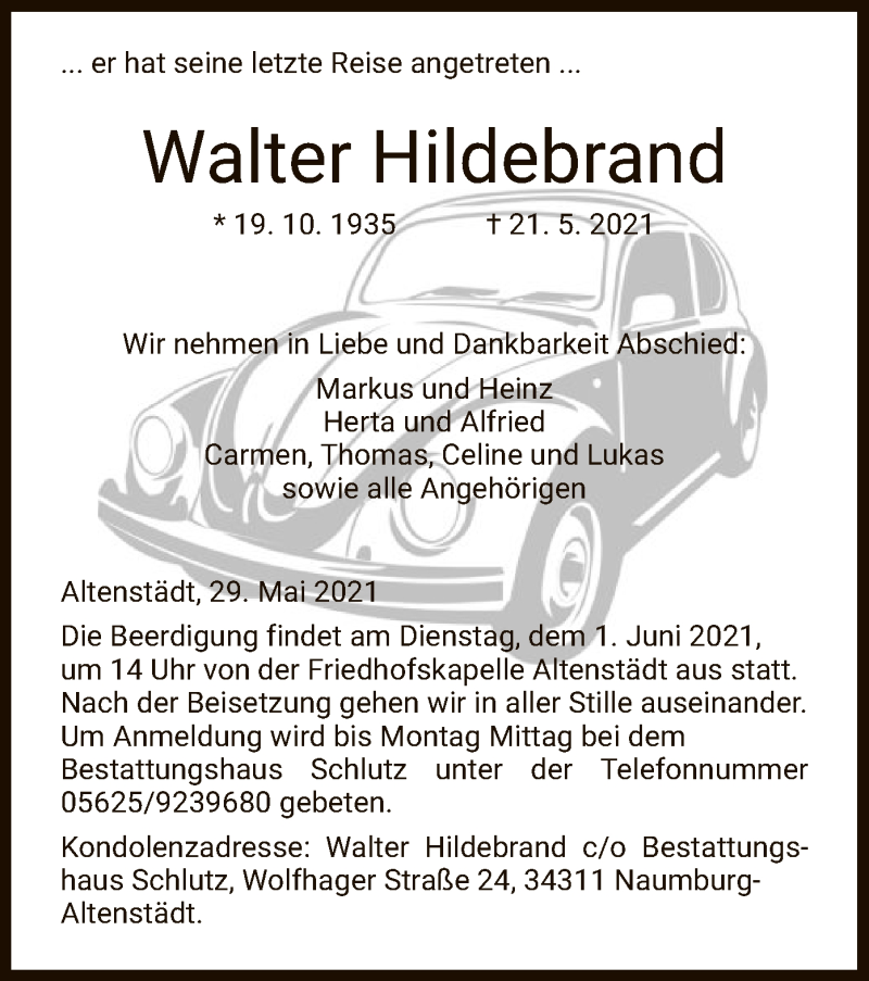 Traueranzeigen Von Walter Hildebrand Trauer Hna De