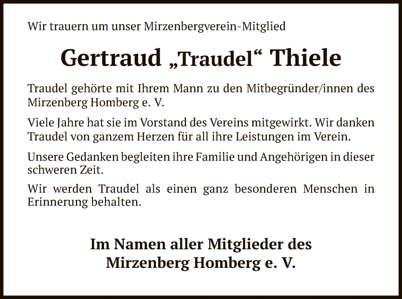 Traueranzeigen Von Gertraud Thiele Trauer HNA De