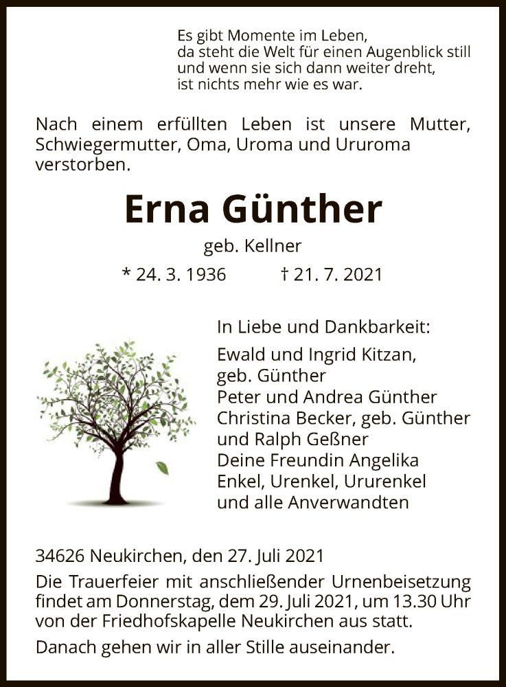 Traueranzeigen von Erna Günther Trauer HNA de