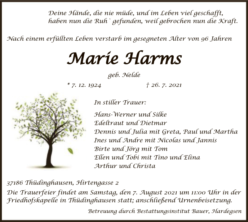 Traueranzeigen Von Marie Harms Trauer HNA De