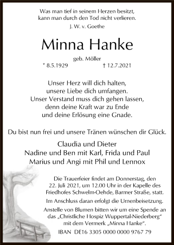 Traueranzeigen Von Minna Hanke Trauer HNA De