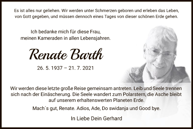 Traueranzeigen Von Renate Barth Trauer HNA De