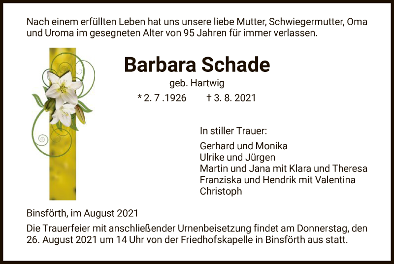 Traueranzeigen Von Barbara Schade Trauer Hna De