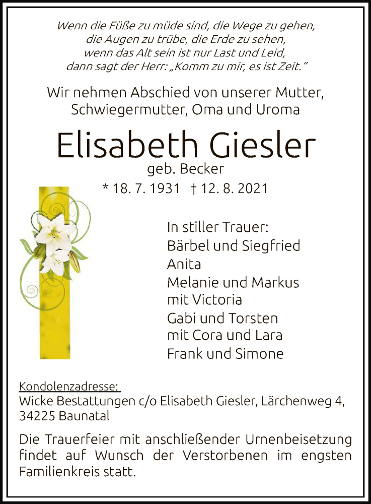 Traueranzeigen Von Elisabeth Giesler Trauer HNA De