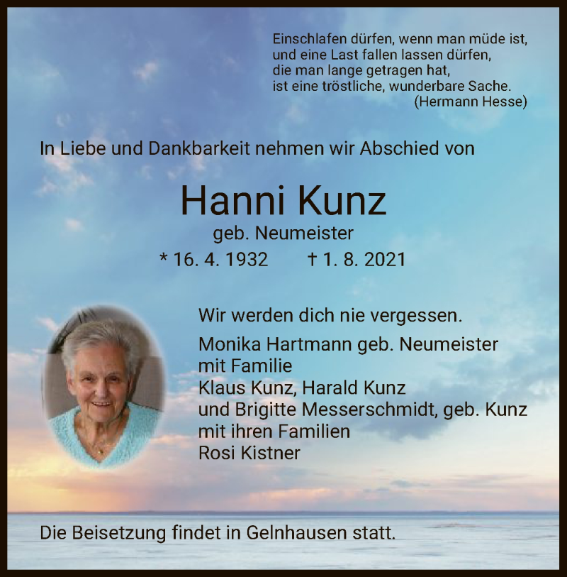 Traueranzeigen Von Hanni Kunz Trauer HNA De