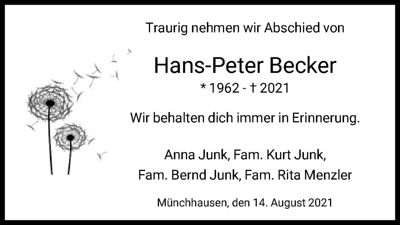 Traueranzeigen Von Hans Peter Becker Trauer HNA De