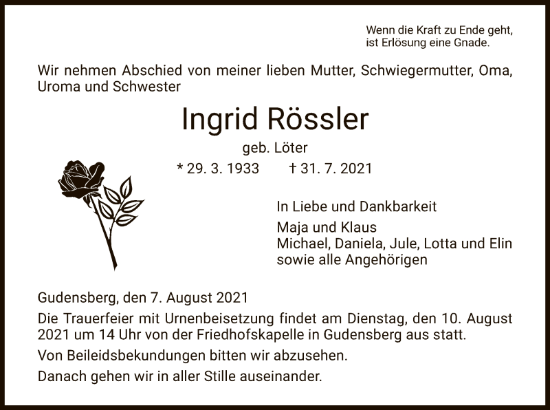 Traueranzeigen Von Ingrid R Ssler Trauer Hna De