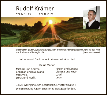 Traueranzeigen von Rudolf Krämer Trauer HNA de