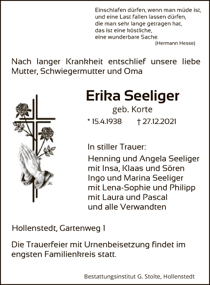 Traueranzeigen Von Erika Seeliger Trauer Hna De