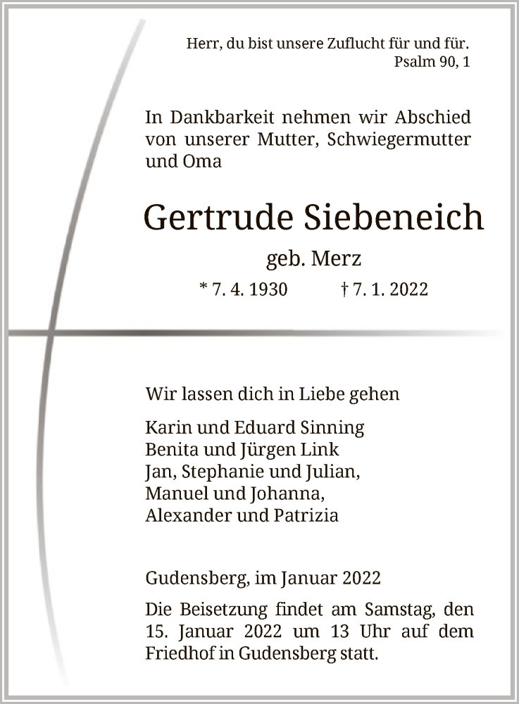 Traueranzeigen Von Gertrude Siebeneich Trauer Hna De