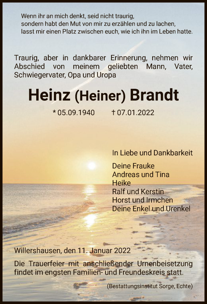 Traueranzeigen Von Heinz Brandt Trauer Hna De