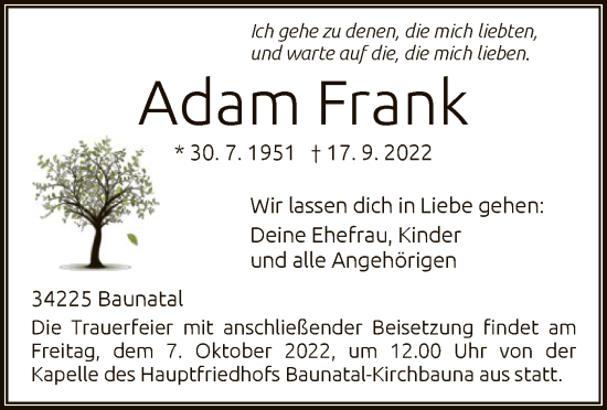 Traueranzeigen Von Adam Frank Trauer HNA De