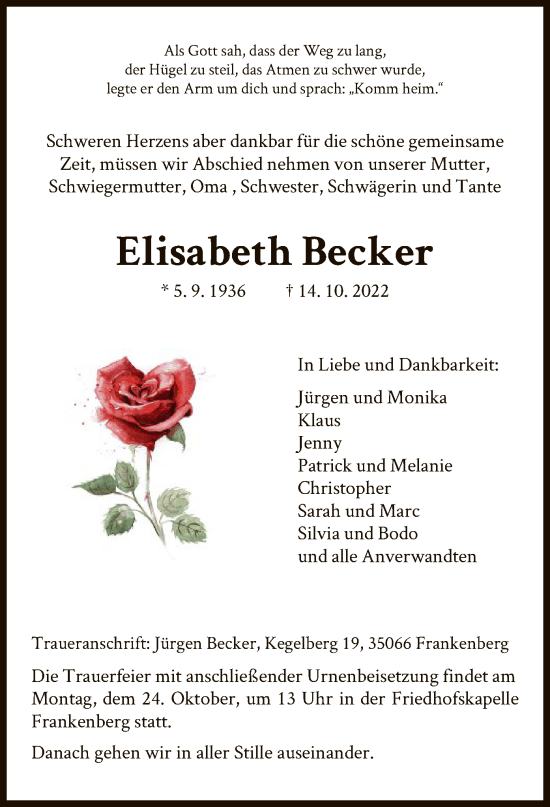 Traueranzeigen Von Elisabeth Becker Trauer Hna De