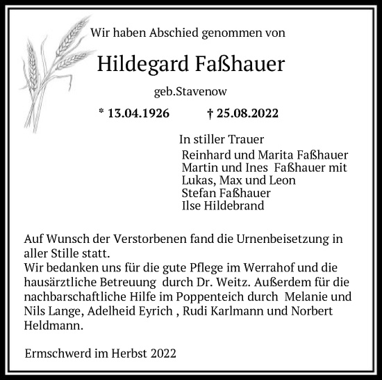 Traueranzeigen von Hildegard Faßhauer Trauer HNA de