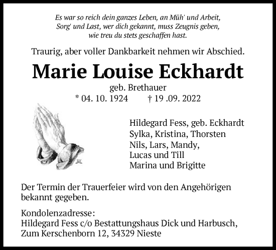 Traueranzeigen Von Marie Louise Eckhardt Trauer HNA De