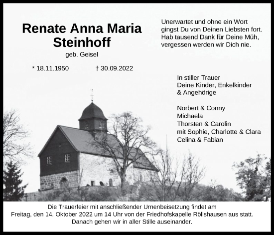 Traueranzeigen Von Renate Anna Maria Steinhoff Trauer Hna De