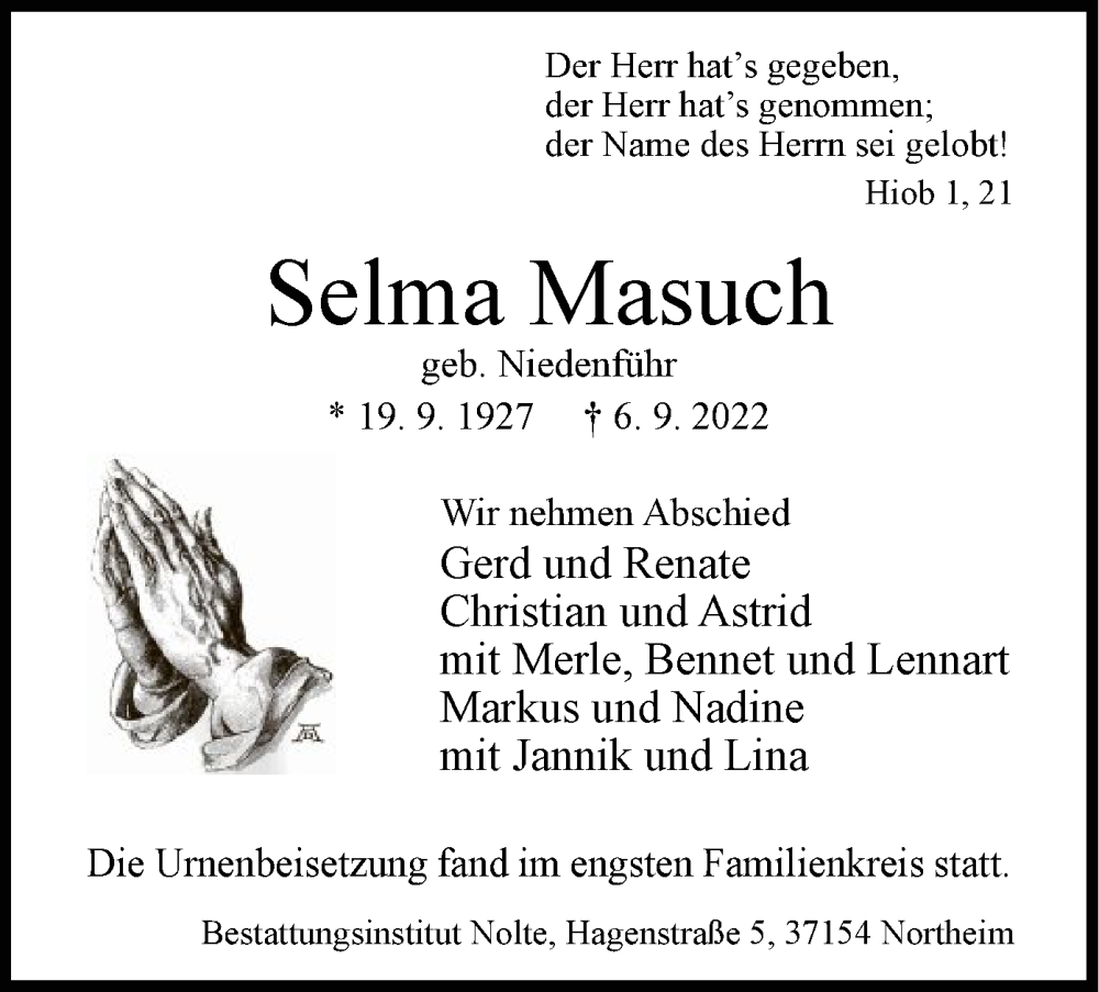 Traueranzeigen Von Selma Masuch Trauer Hna De