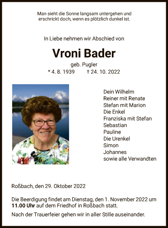 Traueranzeigen Von Vroni Bader Trauer Hna De