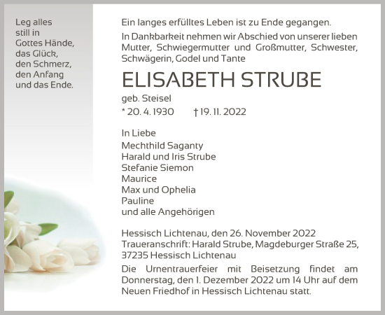 Traueranzeigen Von Elisabeth Strube Trauer HNA De