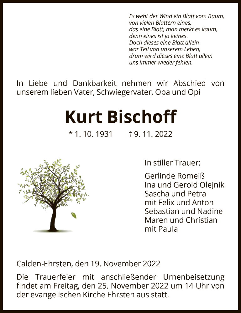 Traueranzeigen Von Kurt Bischoff Trauer HNA De