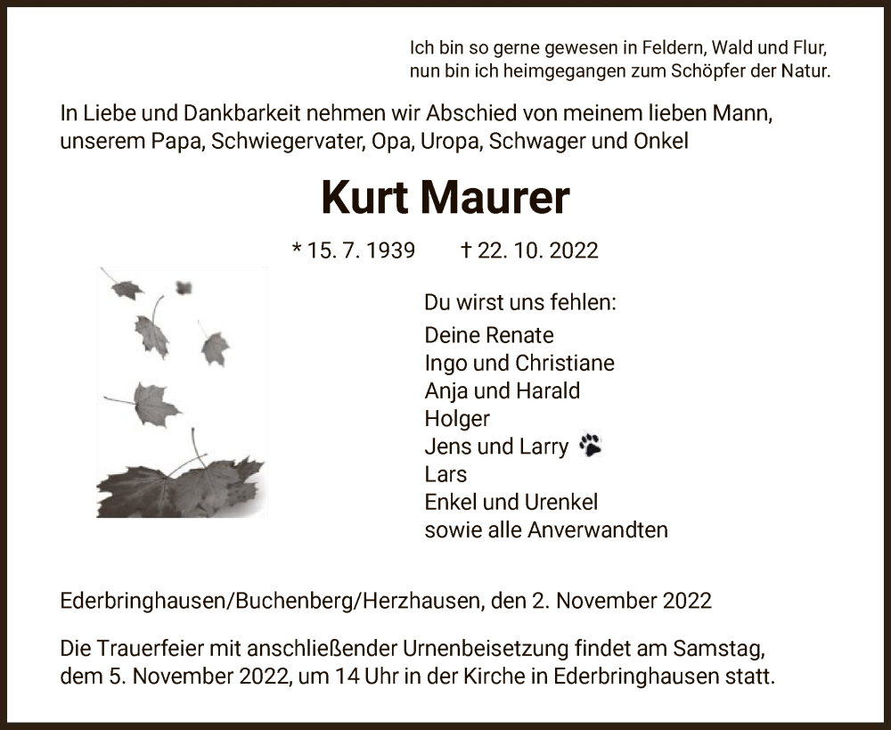 Traueranzeigen Von Kurt Maurer Trauer Hna De