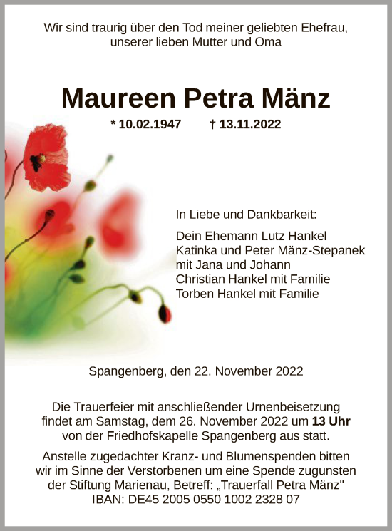 Traueranzeigen Von Maureen Petra M Nz Trauer Hna De